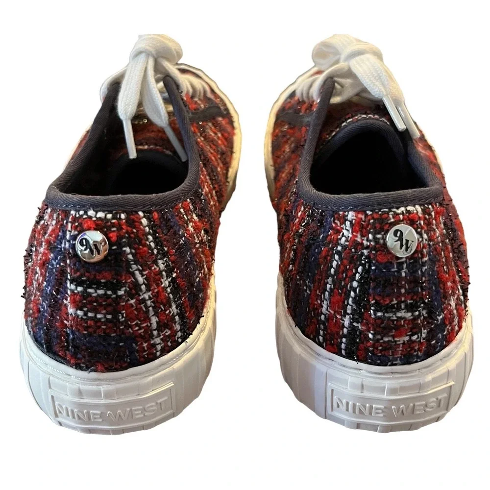 Nine West Sneakers Womens 7.5M Red Blue Plaid Lace Up Casual Deck Shoes